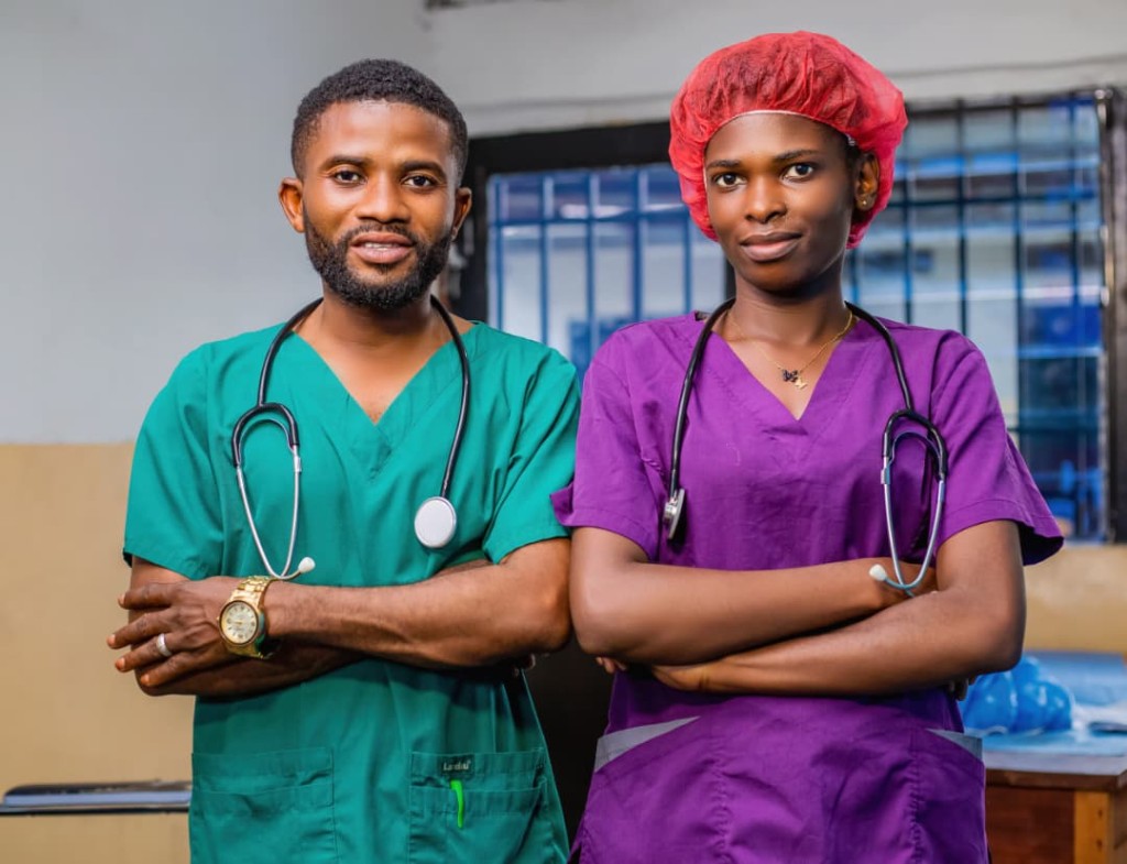 Clinic worker team in scrubs at the clinic